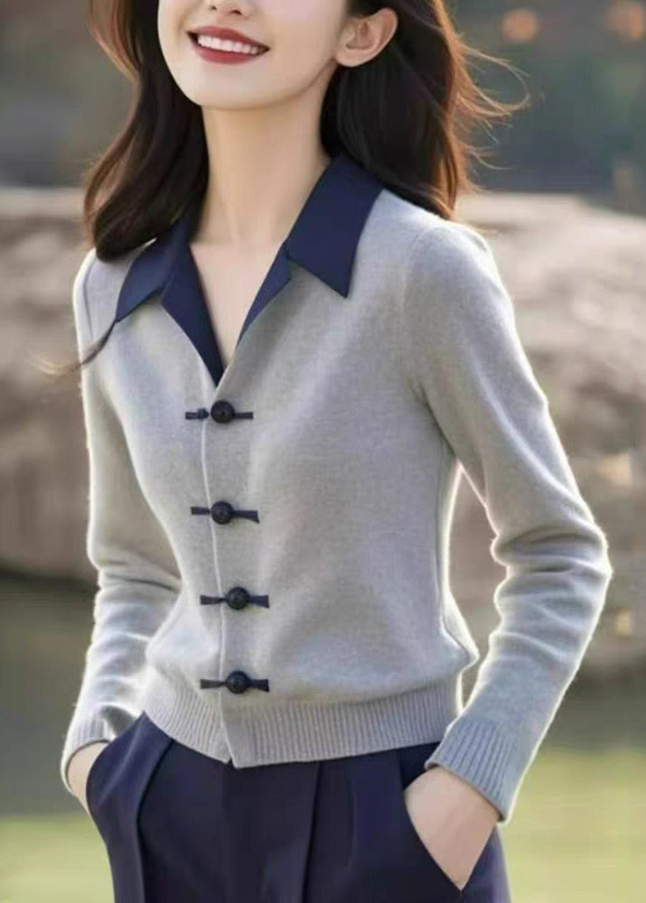 Classy Grey Peter Pan Collar Patchwork Button Cotton Knit Cardigans Spring