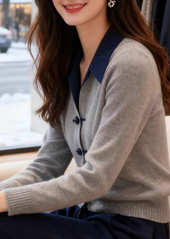 Classy Grey Peter Pan Collar Patchwork Button Cotton Knit Cardigans Spring