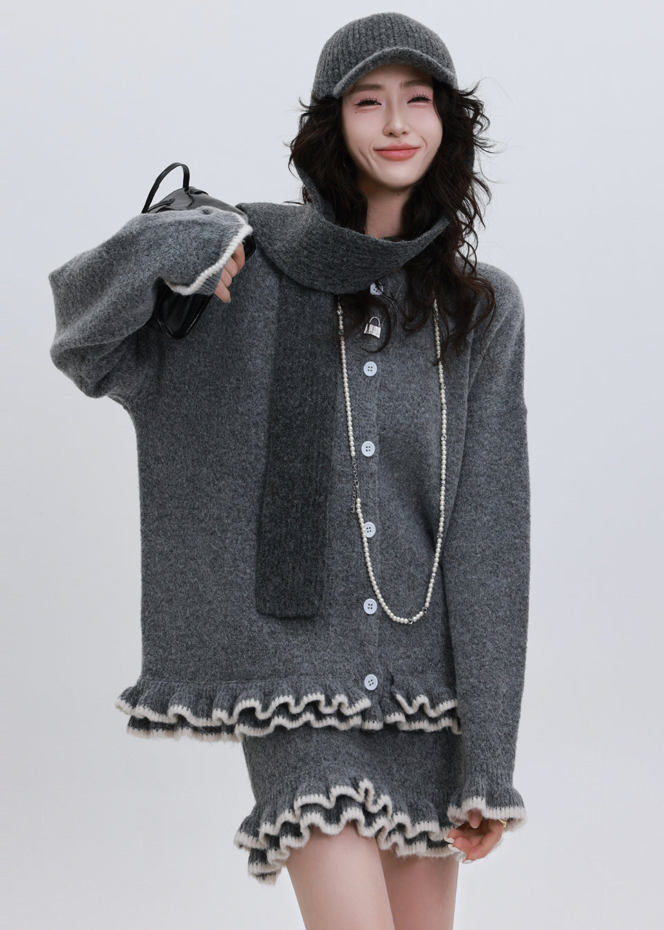 Classy Grey Ruffled Warm Knit Cardigan Two Piece Set Outfits Winter
