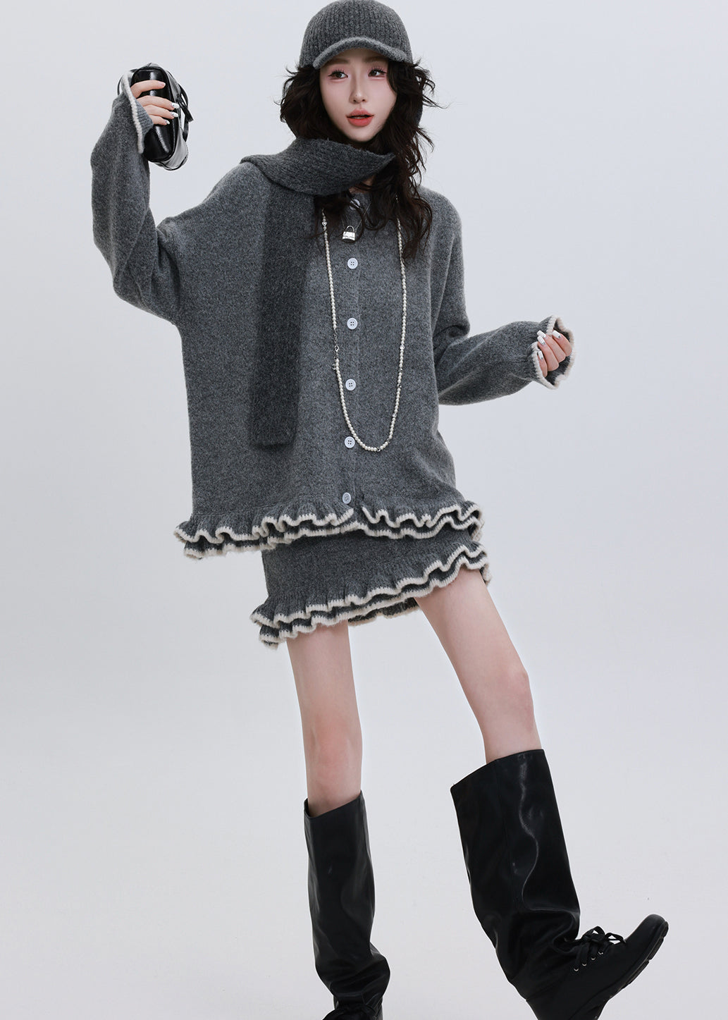 Classy Grey Ruffled Warm Knit Cardigan Two Piece Set Outfits Winter