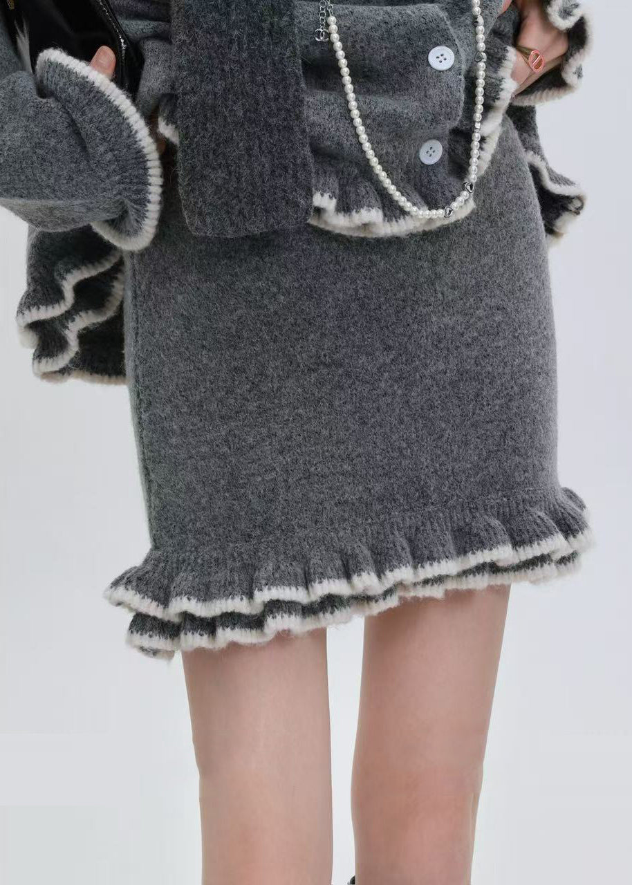 Classy Grey Ruffled Warm Knit Cardigan Two Piece Set Outfits Winter