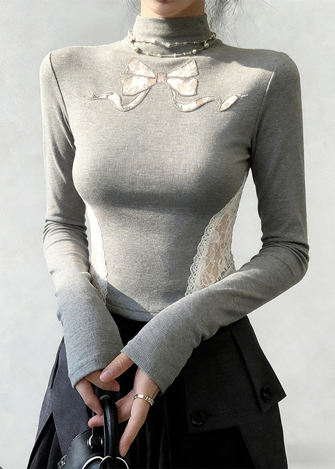 Classy Grey Stand Collar Patchwork Lace Tops Spring