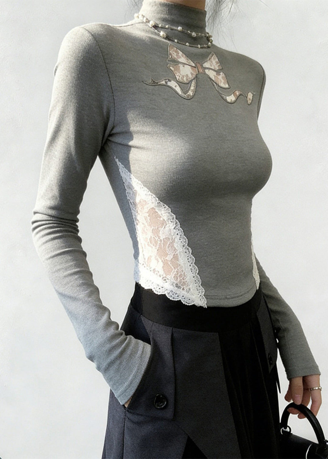 Classy Grey Stand Collar Patchwork Lace Tops Spring