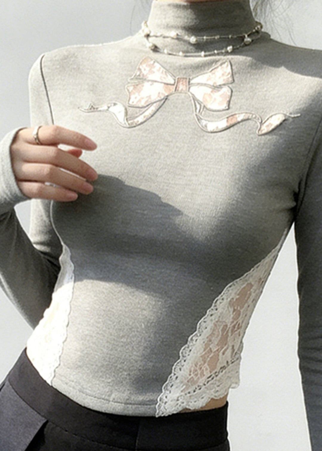 Classy Grey Stand Collar Patchwork Lace Tops Spring