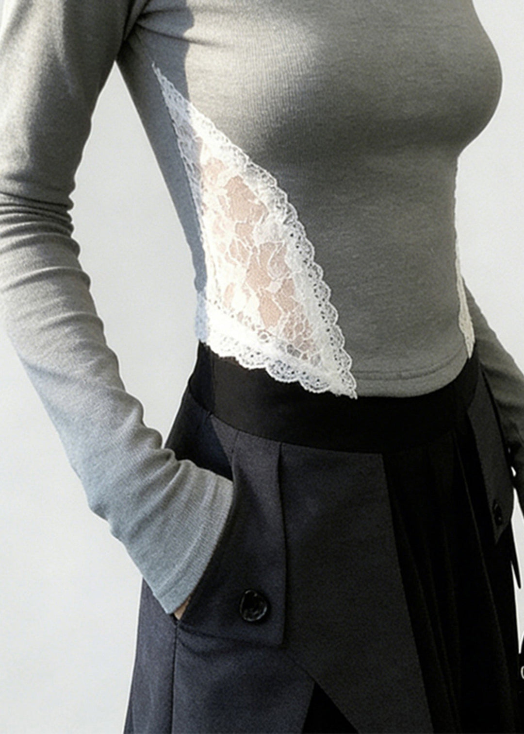 Classy Grey Stand Collar Patchwork Lace Tops Spring