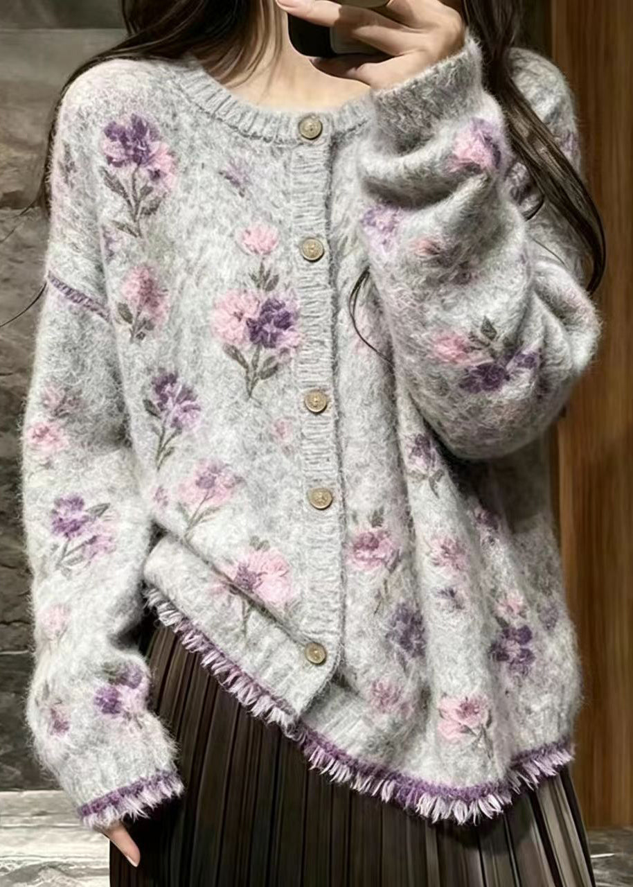 Classy Grey Stereoscopic Floral Mink Hair Knitted Cardigan Fall