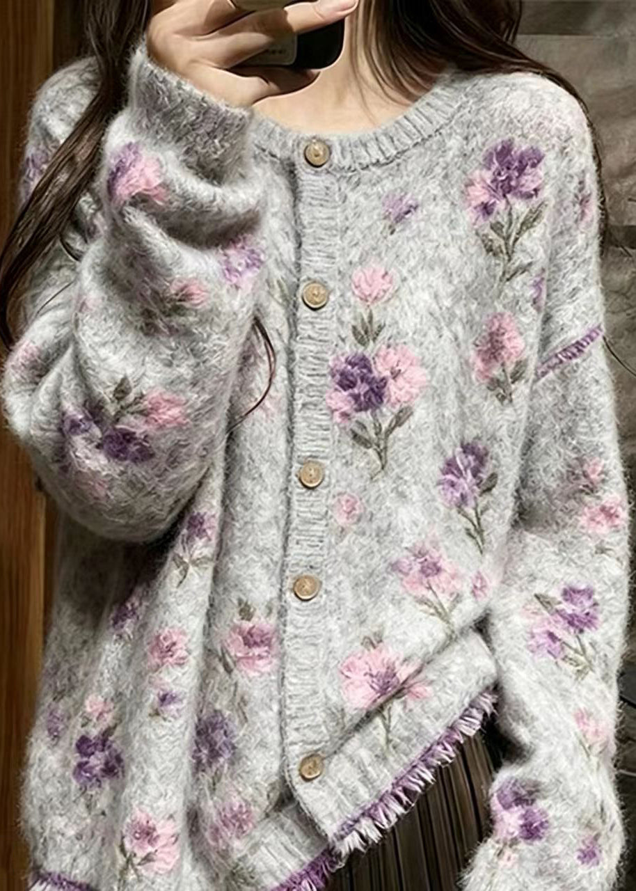 Classy Grey Stereoscopic Floral Mink Hair Knitted Cardigan Fall