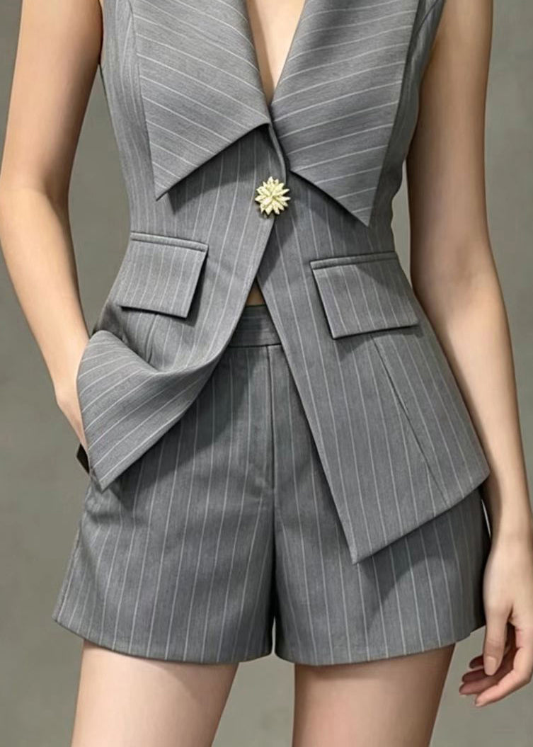 Classy Grey Striped Turn-Down Collar Top Shorts Two Piece Suit Set Sleeveless