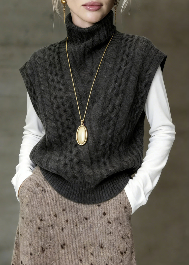 Classy Grey Turtleneck Cable Knit Vest Sleeveless - Omychic