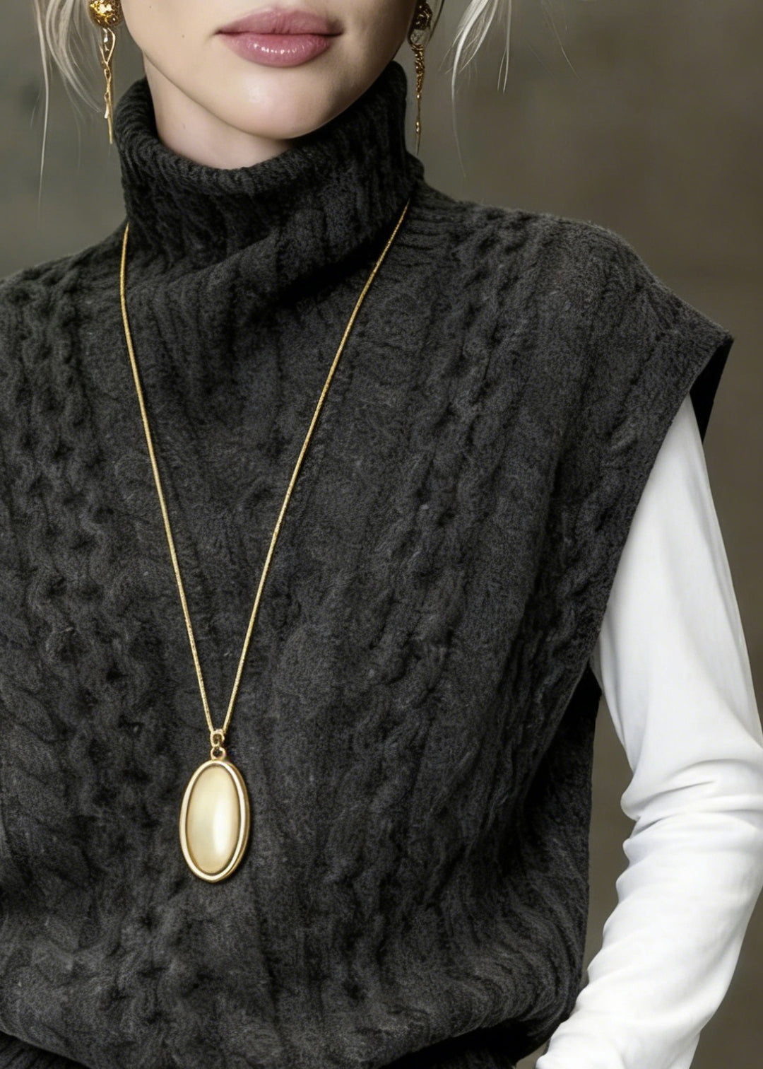 Classy Grey Turtleneck Cable Knit Vest Sleeveless - Omychic