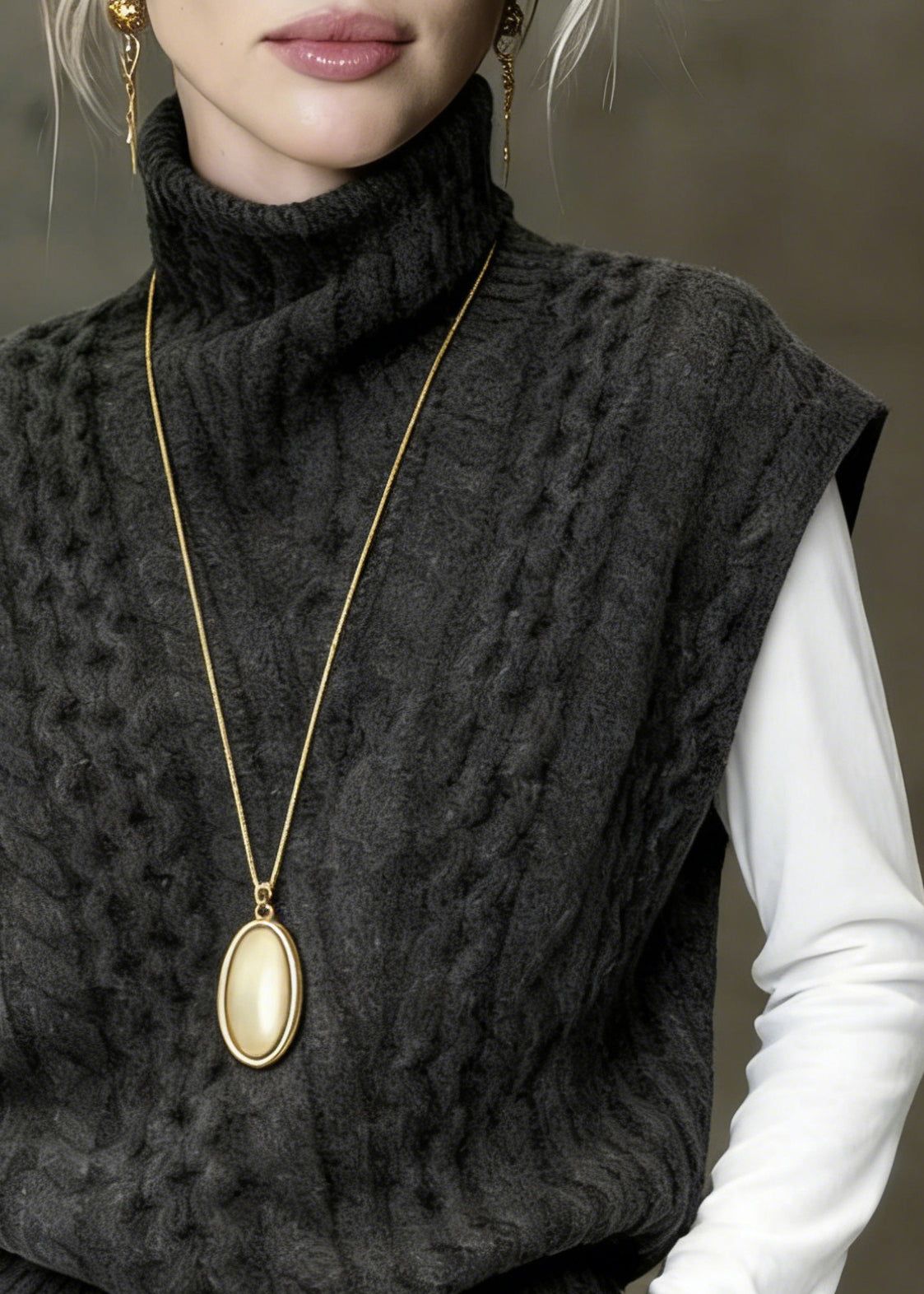 Classy Grey Turtleneck Cable Knit Vest Sleeveless - Omychic