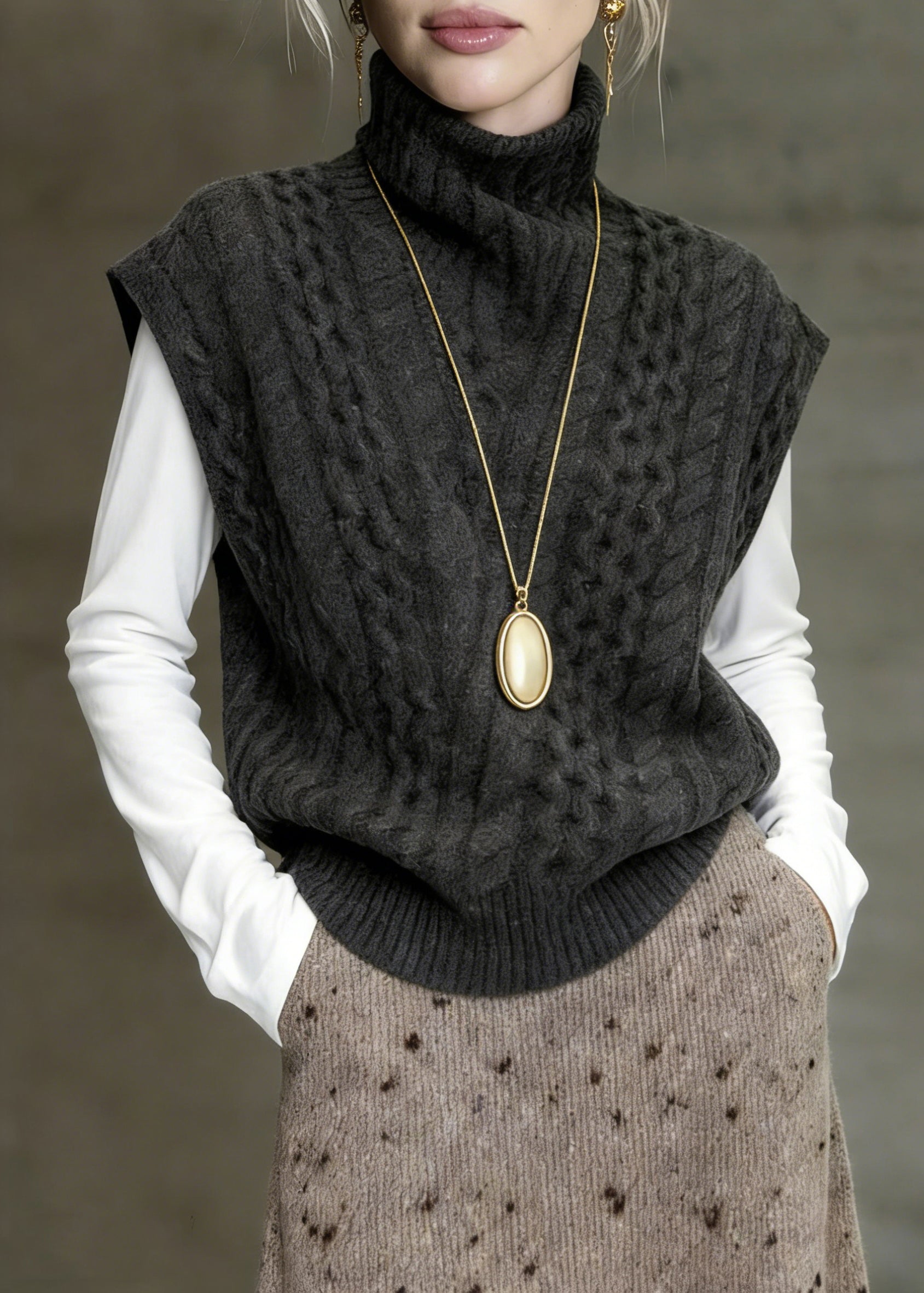 Classy Grey Turtleneck Cable Knit Vest Sleeveless - Omychic