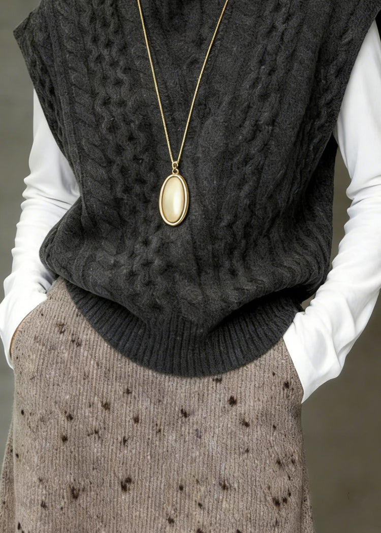 Classy Grey Turtleneck Cable Knit Vest Sleeveless - Omychic