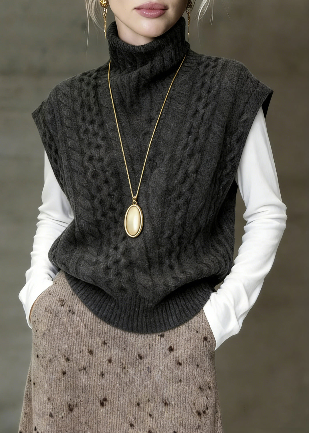 Classy Grey Turtleneck Cable Knit Vest Sleeveless - Omychic