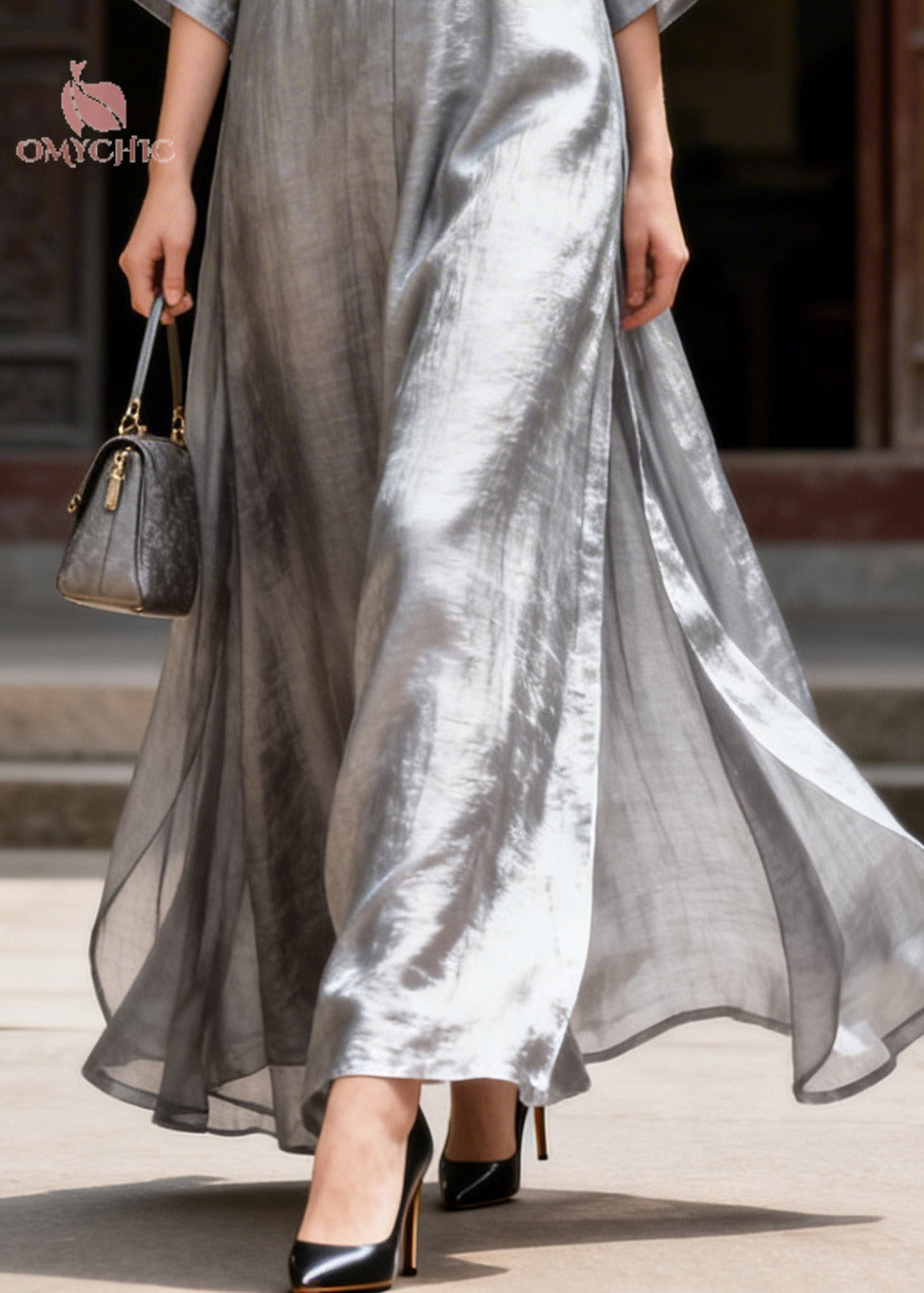 Classy Grey V Neck Chinese Button Side Open Silk Long Dress Summer