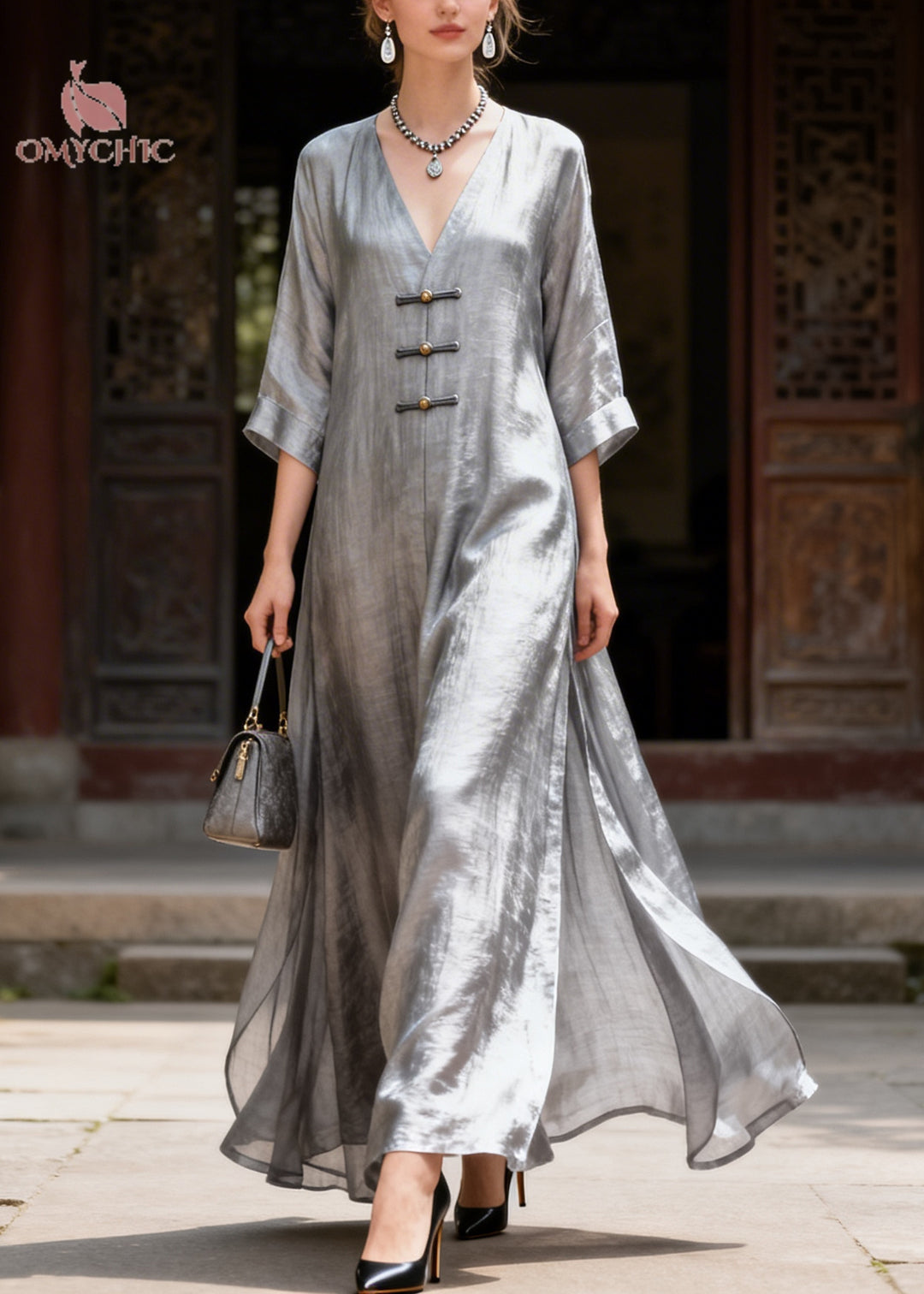 Classy Grey V Neck Chinese Button Side Open Silk Long Dress Summer