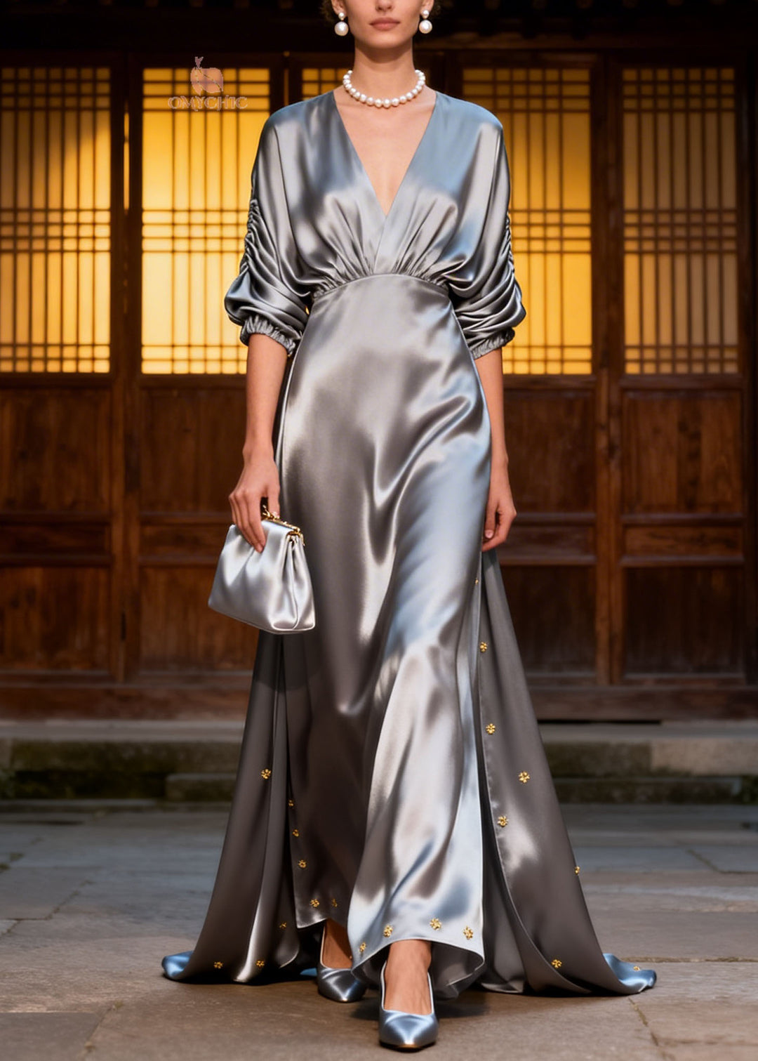 Classy Grey V Neck Patchwork Silk Ankle Dress Summer