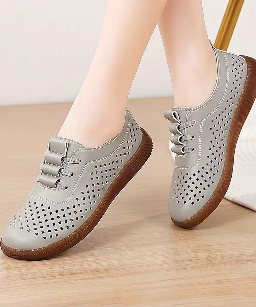 Classy Hollow Out Flat Feet Shoes Beige Cowhide Leather