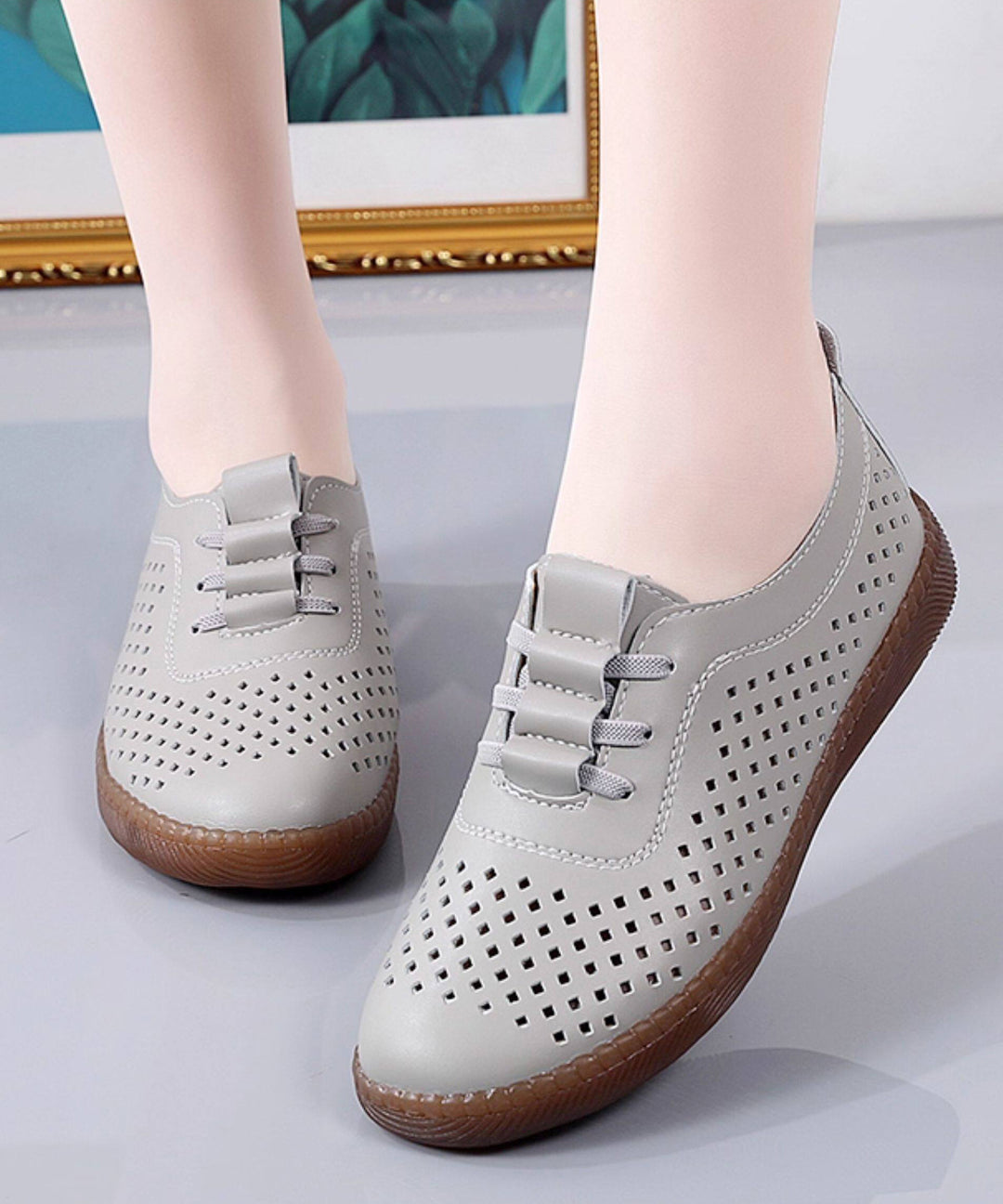 Classy Hollow Out Flat Feet Shoes Beige Cowhide Leather