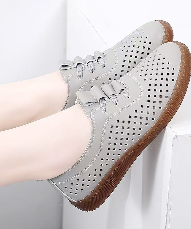 Classy Hollow Out Flat Feet Shoes Beige Cowhide Leather