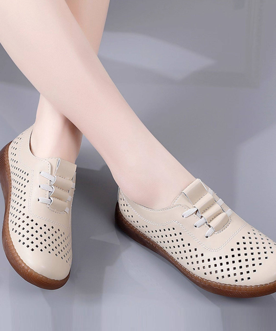 Classy Hollow Out Flat Feet Shoes Beige Cowhide Leather
