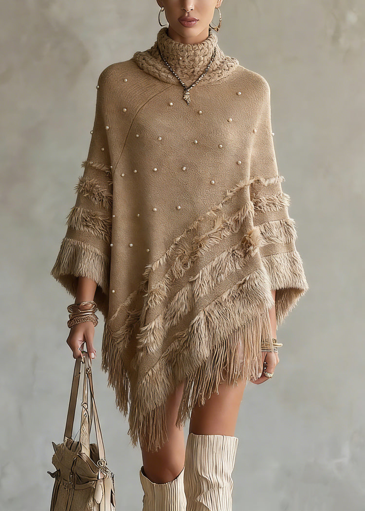 Classy Khaki Asymmetrical Nail Bead Cotton Knit Sweaters Spring - Omychic