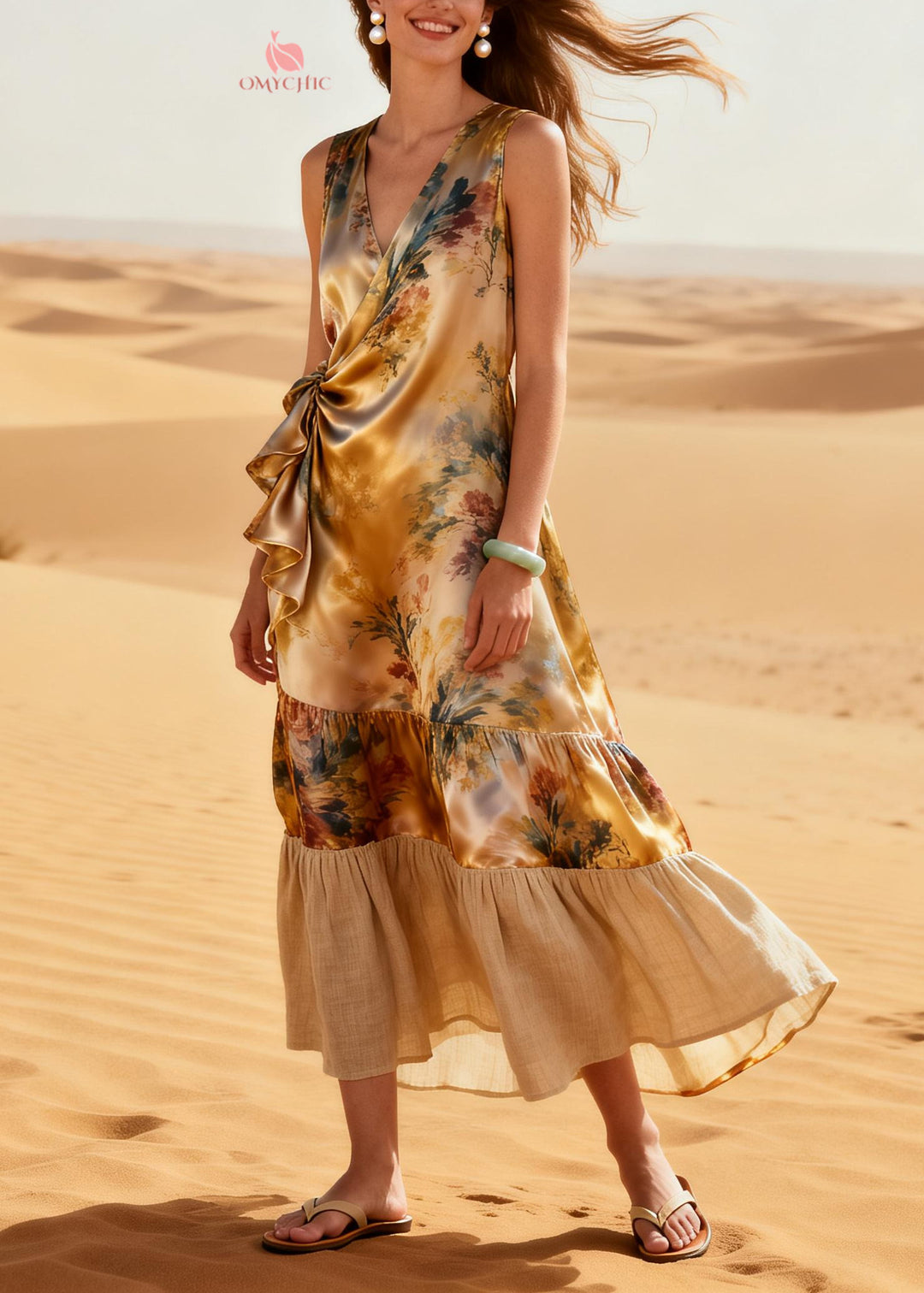 Classy Khaki Asymmetrical Patchwork Linen Silk Robe Dresses Summer