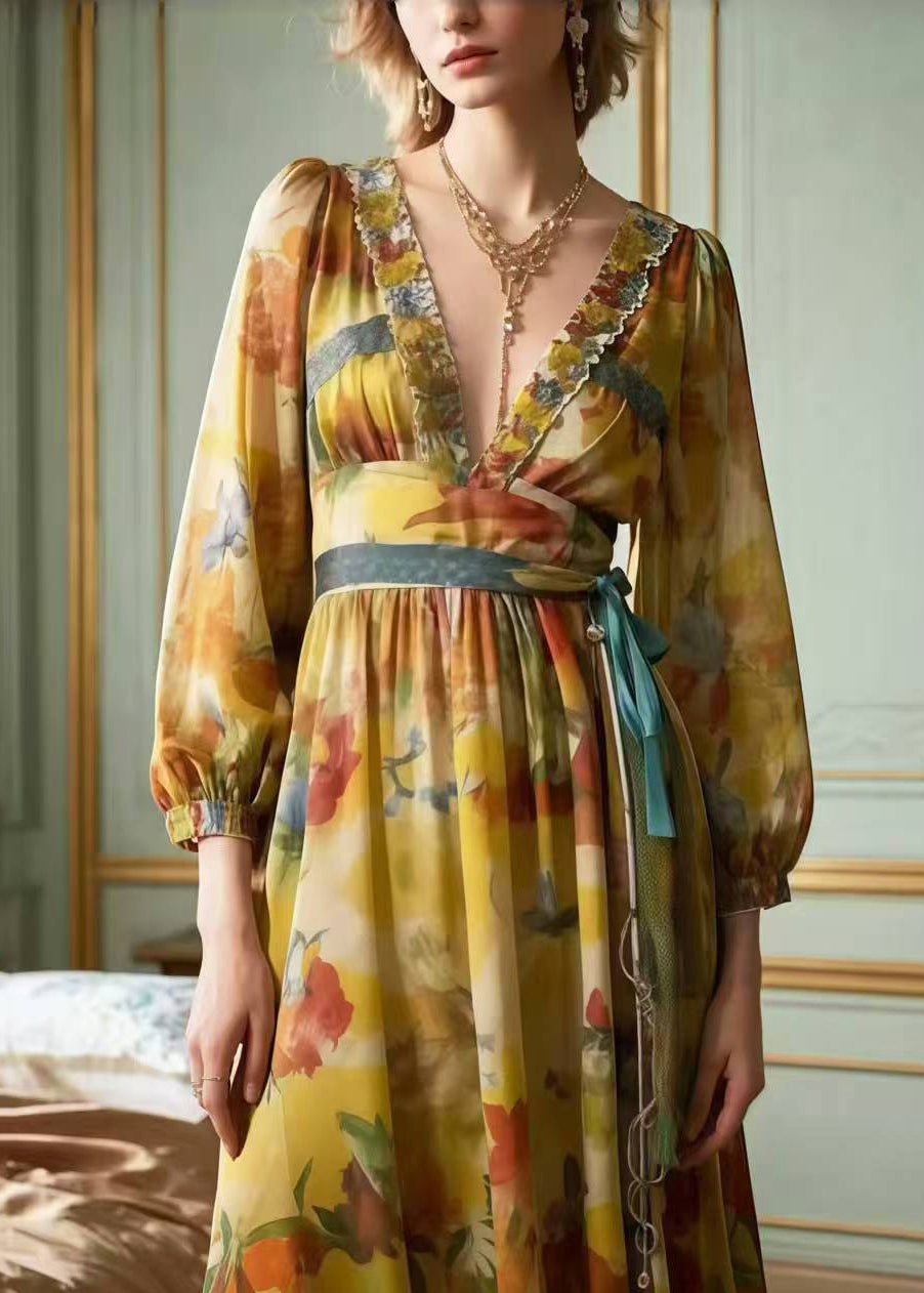 Classy Khaki Cinched Print Chiffon Party Dress Spring