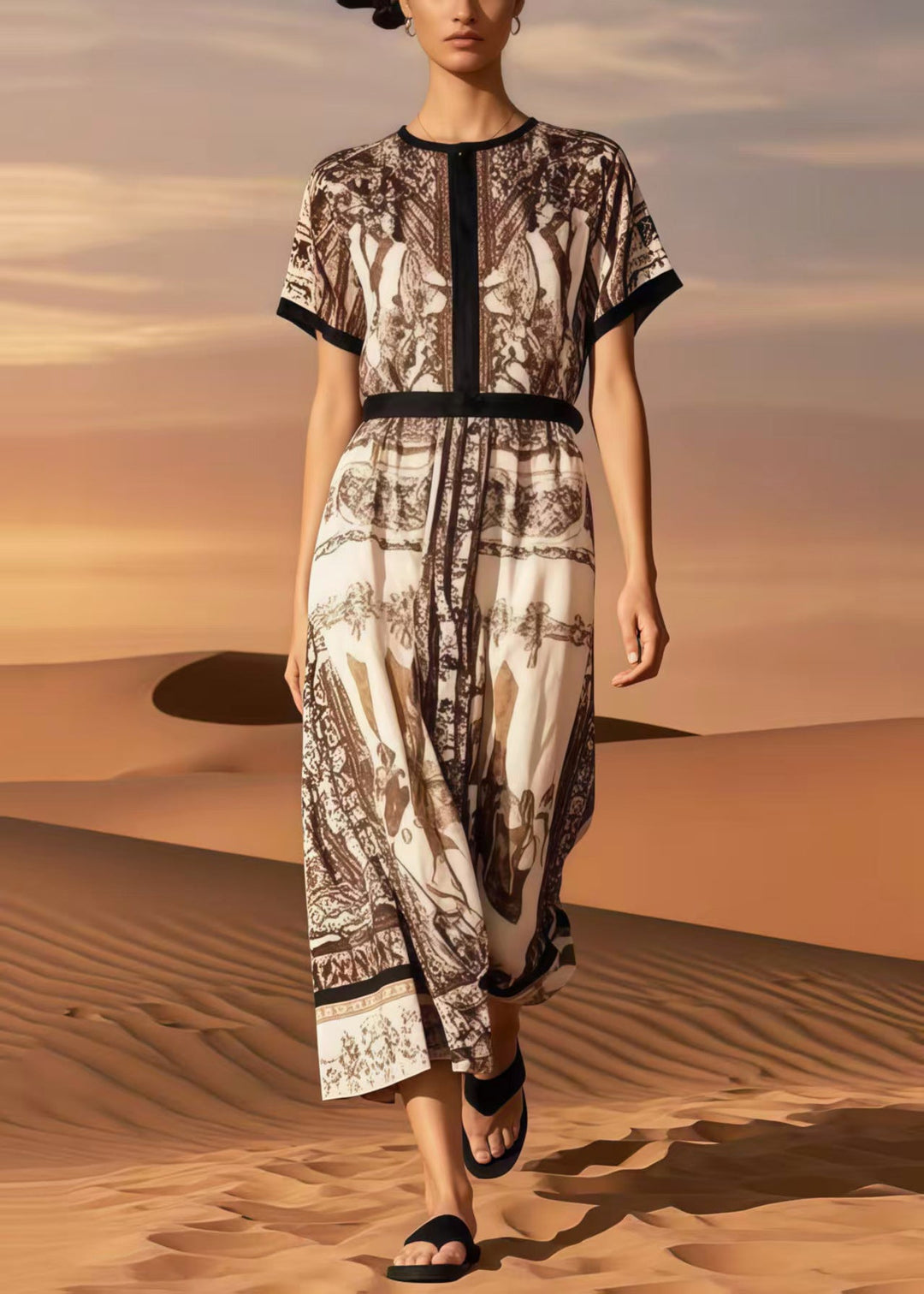 Classy Khaki O-Neck Print Cotton Maxi Dress Summer