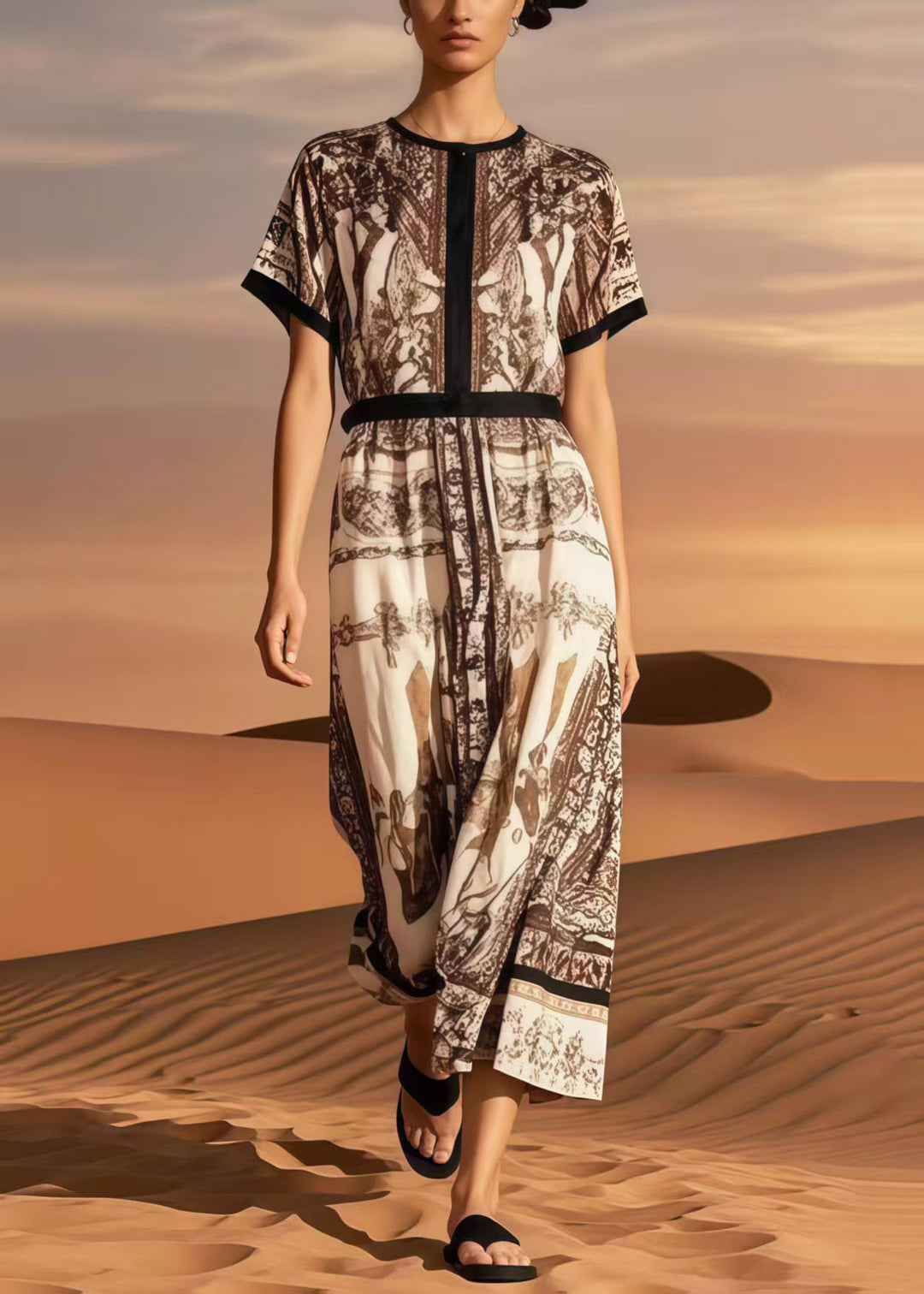 Classy Khaki O-Neck Print Cotton Maxi Dress Summer