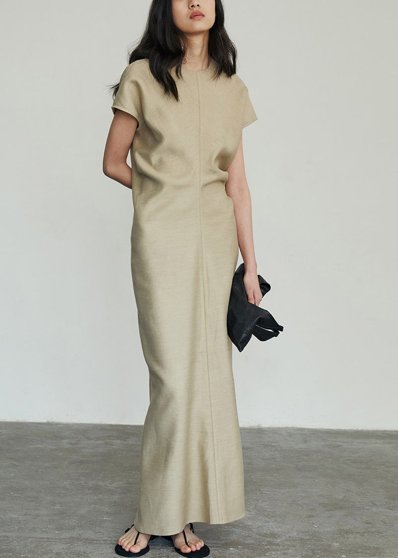 Classy Khaki O Neck Slim Fit Cotton Long Dresses Summer