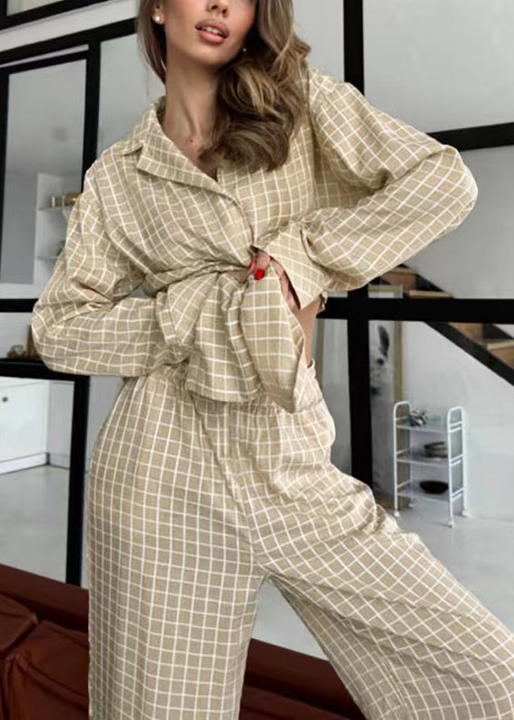 Classy Khaki Oversized Plaid Cotton Pajama Sets Fall