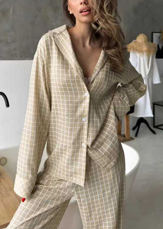 Classy Khaki Oversized Plaid Cotton Pajama Sets Fall