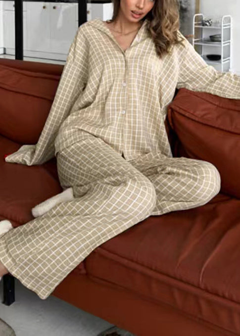 Classy Khaki Oversized Plaid Cotton Pajama Sets Fall