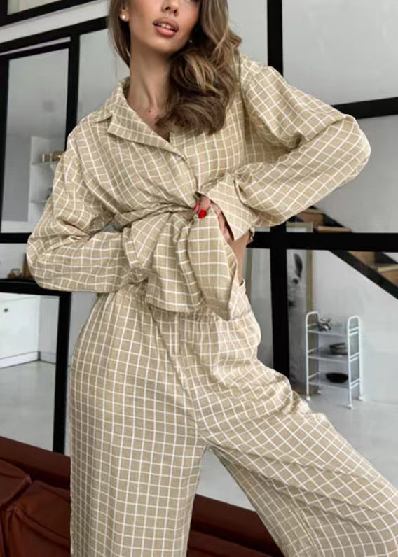 Classy Khaki Oversized Plaid Cotton Pajama Sets Fall