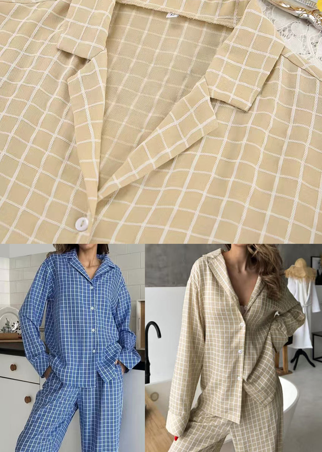 Classy Khaki Oversized Plaid Cotton Pajama Sets Fall