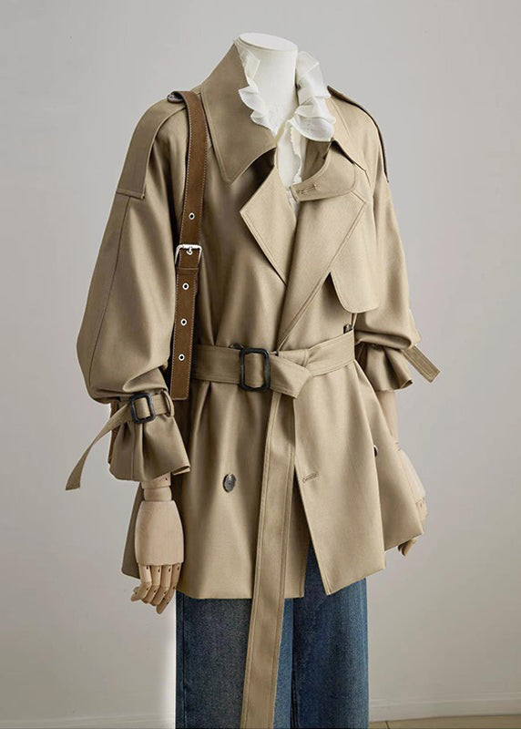 Classy Khaki Tie Waist Double Breast Cotton Jacket Spring