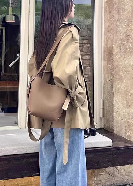 Classy Khaki Tie Waist Double Breast Cotton Jacket Spring