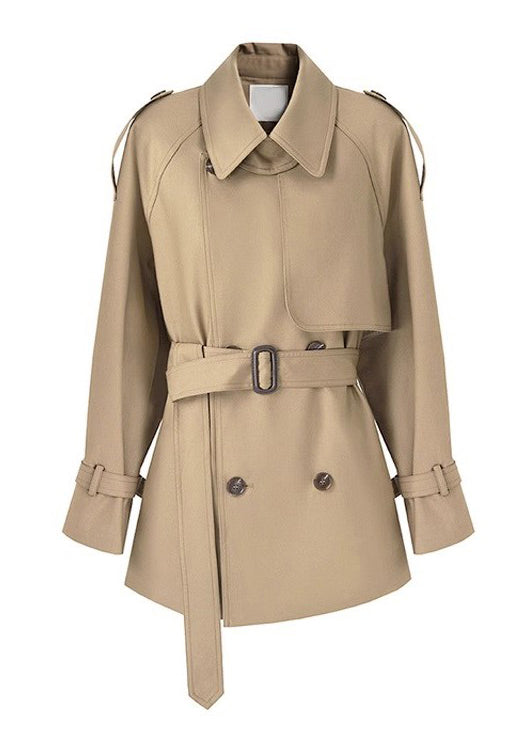 Classy Khaki Tie Waist Double Breast Cotton Jacket Spring