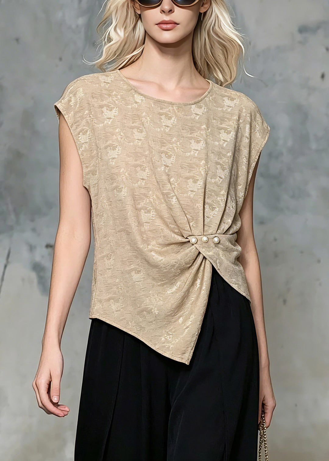 Classy Khaki Wrinkled Nail Bead Tops Short Sleeve