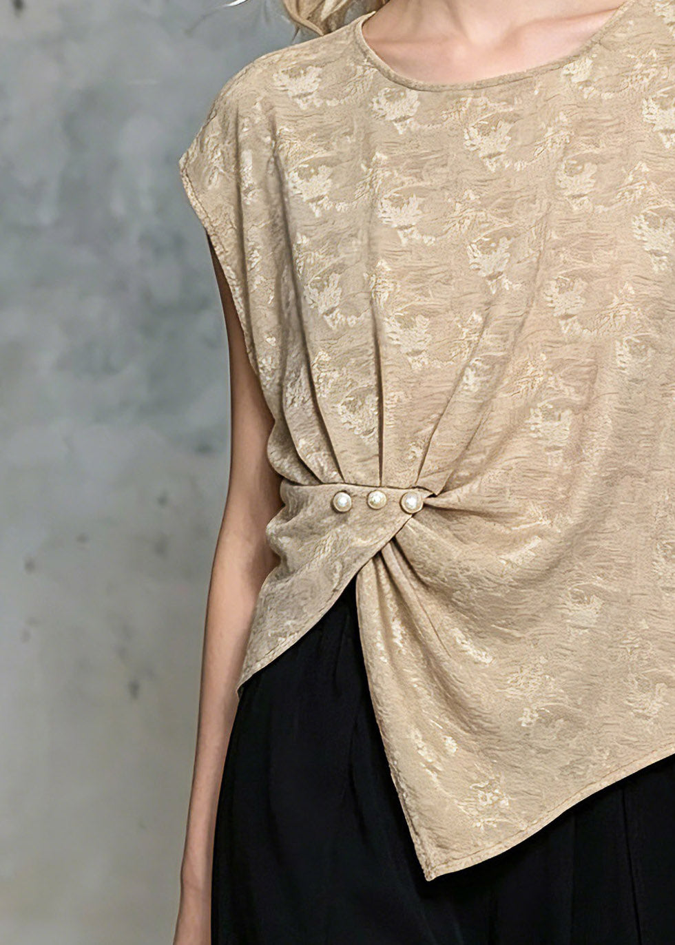 Classy Khaki Wrinkled Nail Bead Tops Short Sleeve