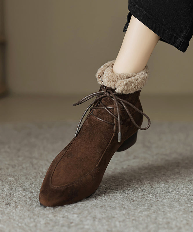 Classy Lace Up Splicing Chunky Boots Brown Suede Fuzzy Wool Lined