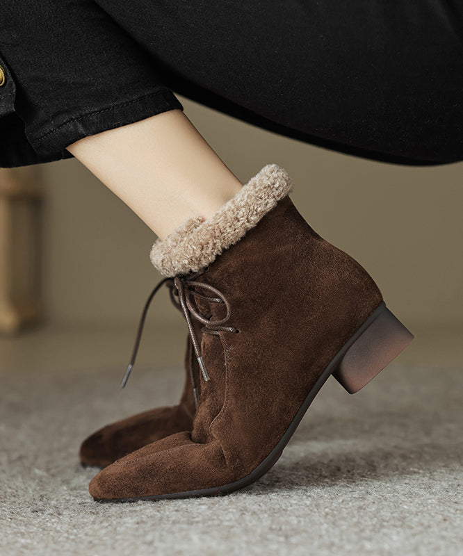 Classy Lace Up Splicing Chunky Boots Brown Suede Fuzzy Wool Lined