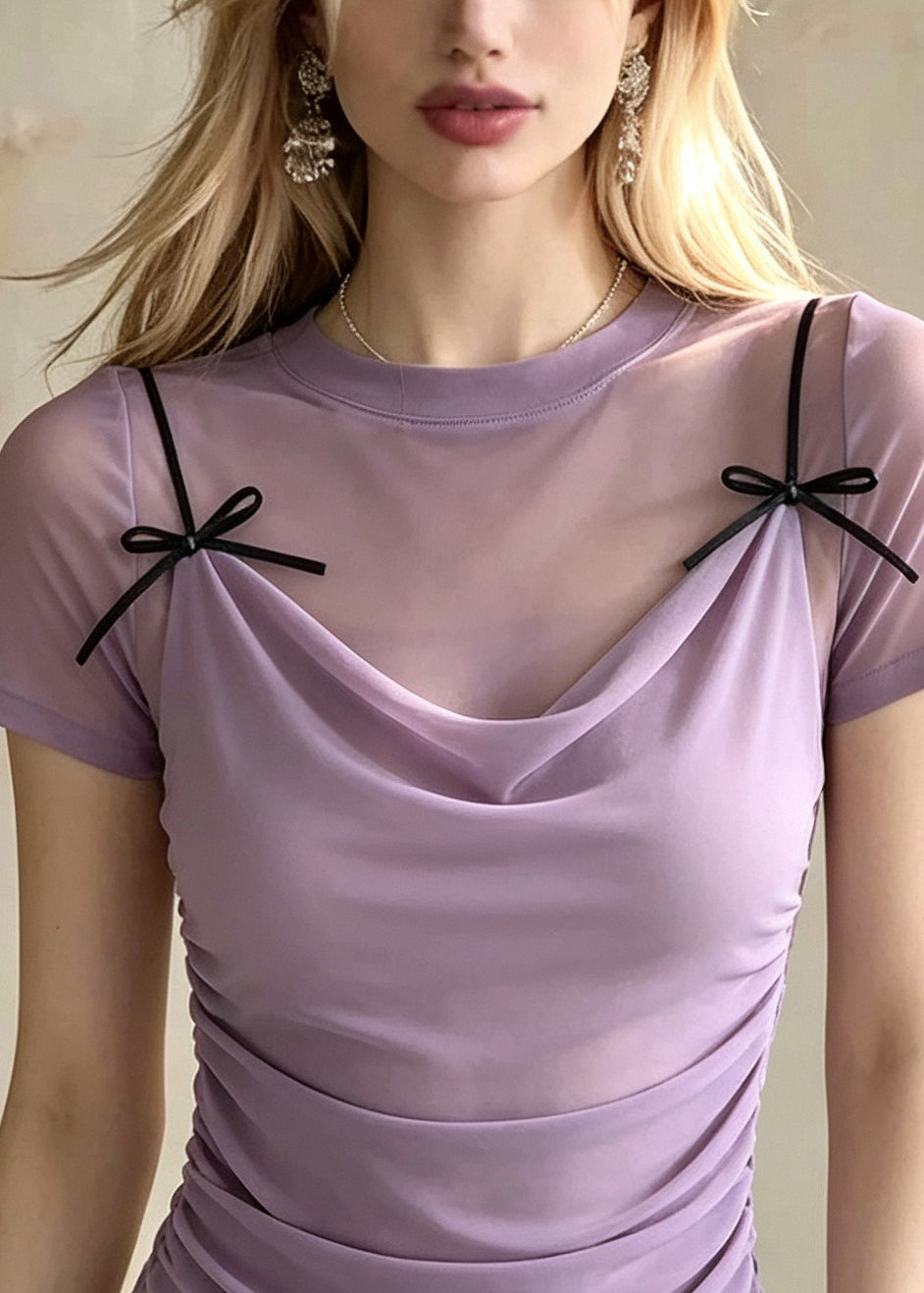 Classy Lavender Bow Patchwork Tulle Fake Two Piece Blouses Summer
