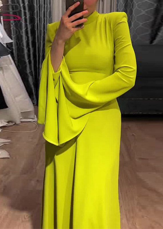 Classy Light Green Stand Collar High Waist Long Vestidos Flare Sleeve