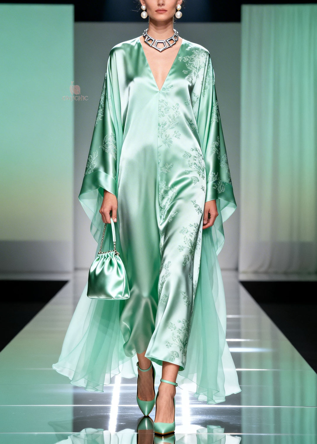 Classy Light Green V Neck Print Silk Long Dress Spring