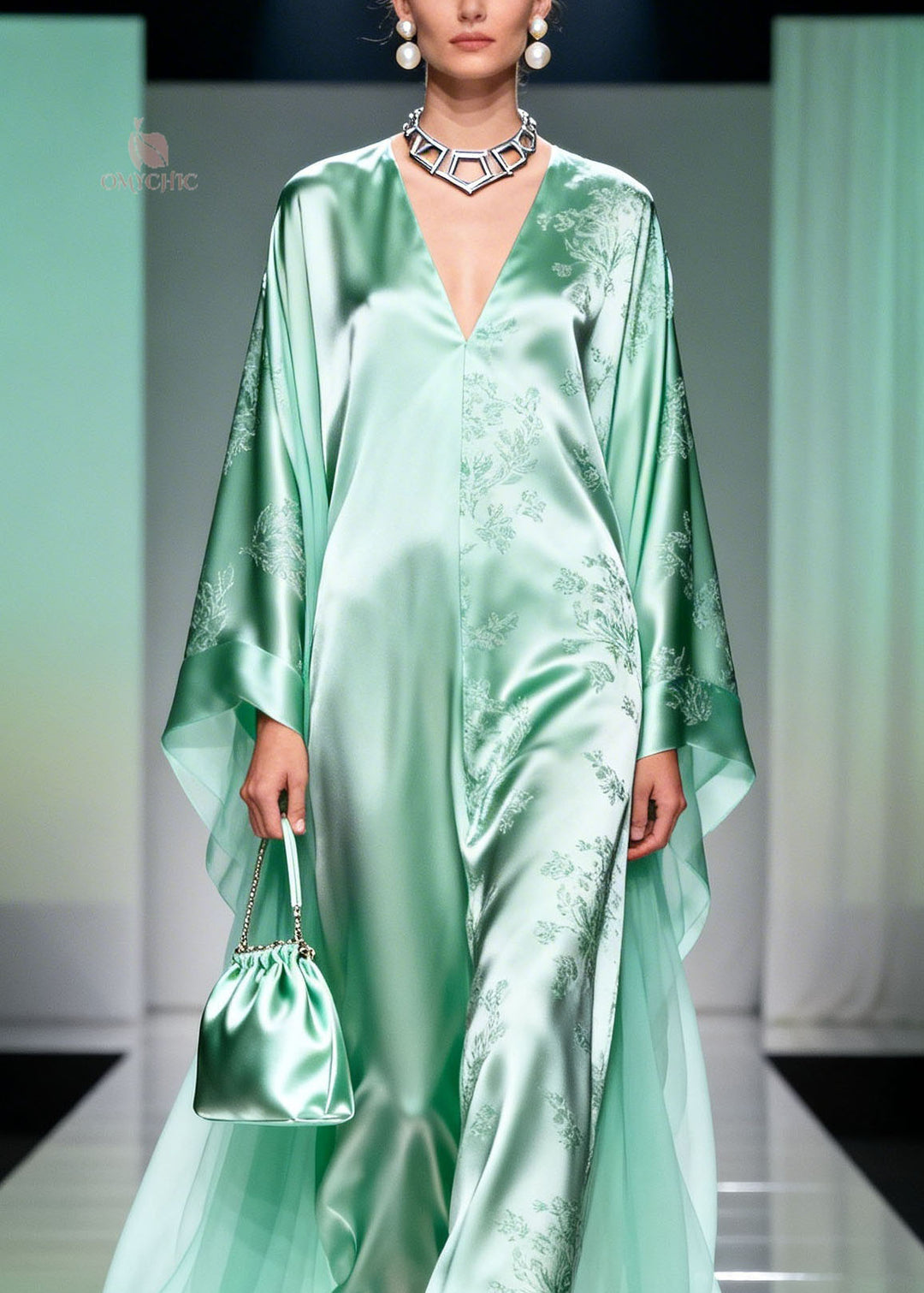 Classy Light Green V Neck Print Silk Long Dress Spring