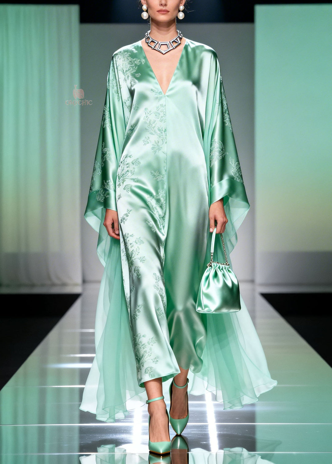 Classy Light Green V Neck Print Silk Long Dress Spring