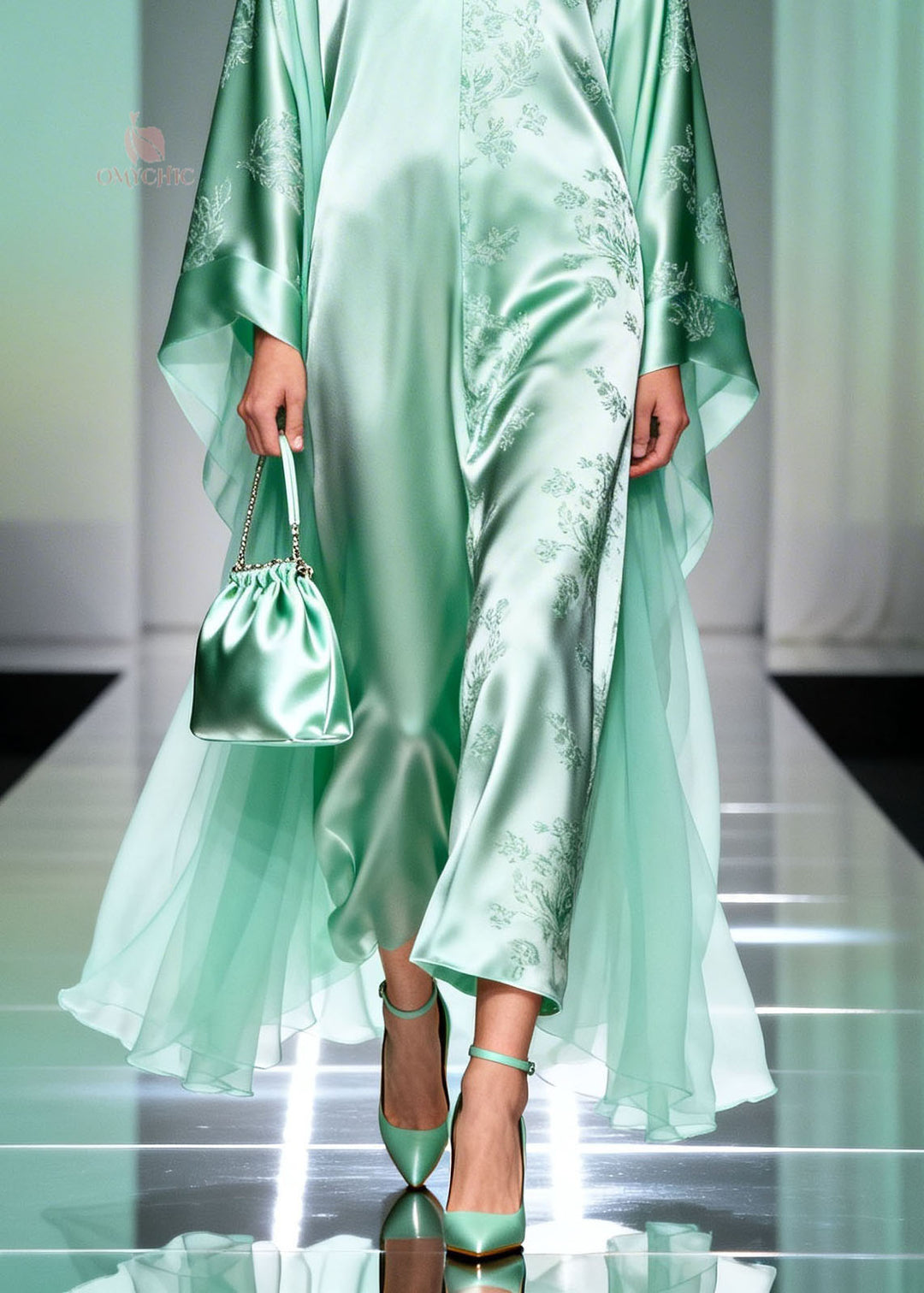 Classy Light Green V Neck Print Silk Long Dress Spring