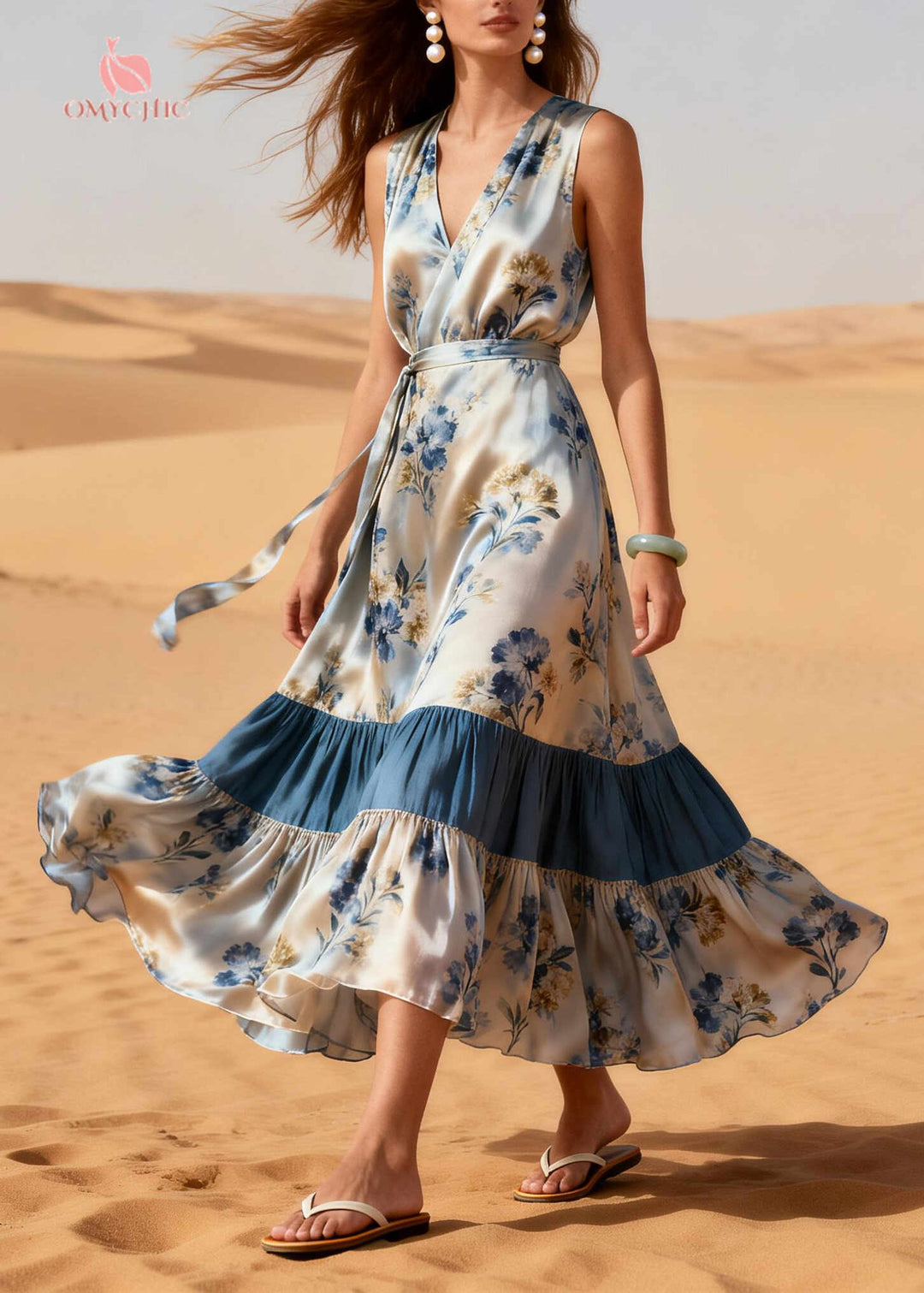 Classy Light Grey Print Patchwork Exra Large Hem Silk Party Dress Summer